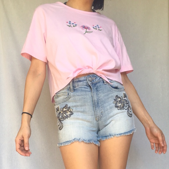 Vintage 90s Floral Embroidered Crop Top Tee L - Picture 2 of 7